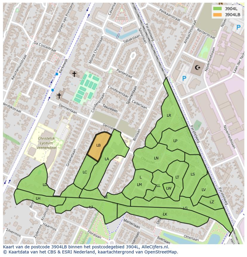 Afbeelding van het postcodegebied 3904 LB op de kaart.