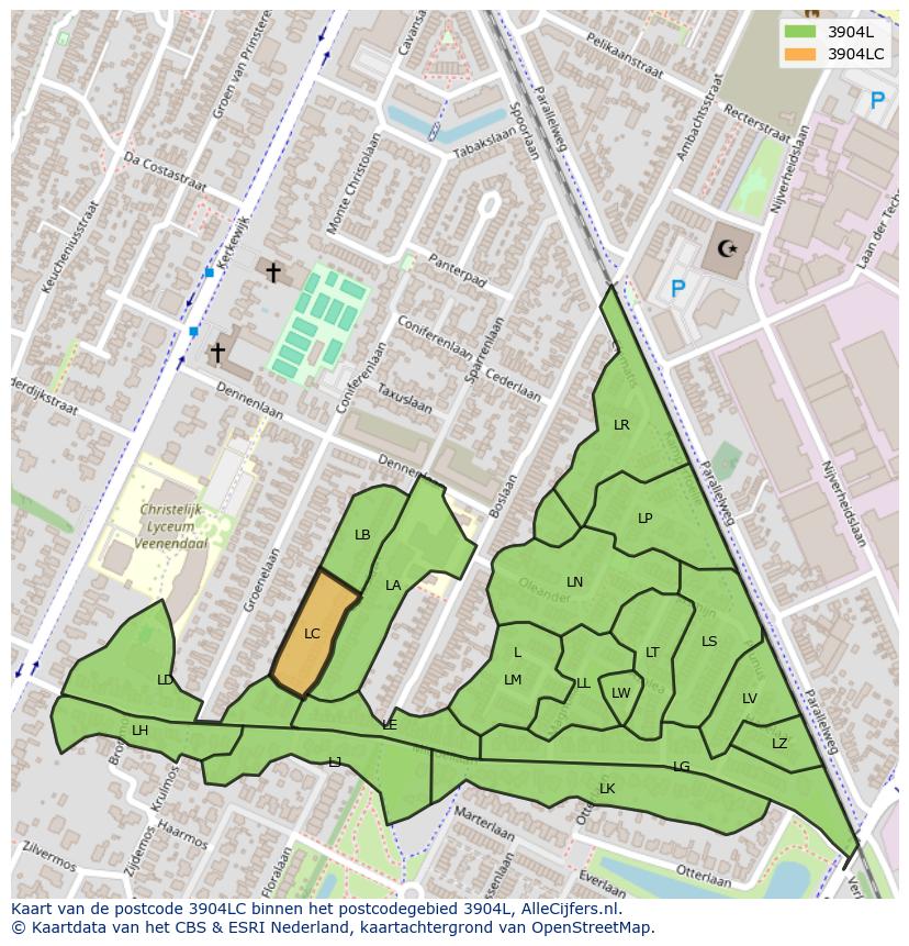 Afbeelding van het postcodegebied 3904 LC op de kaart.