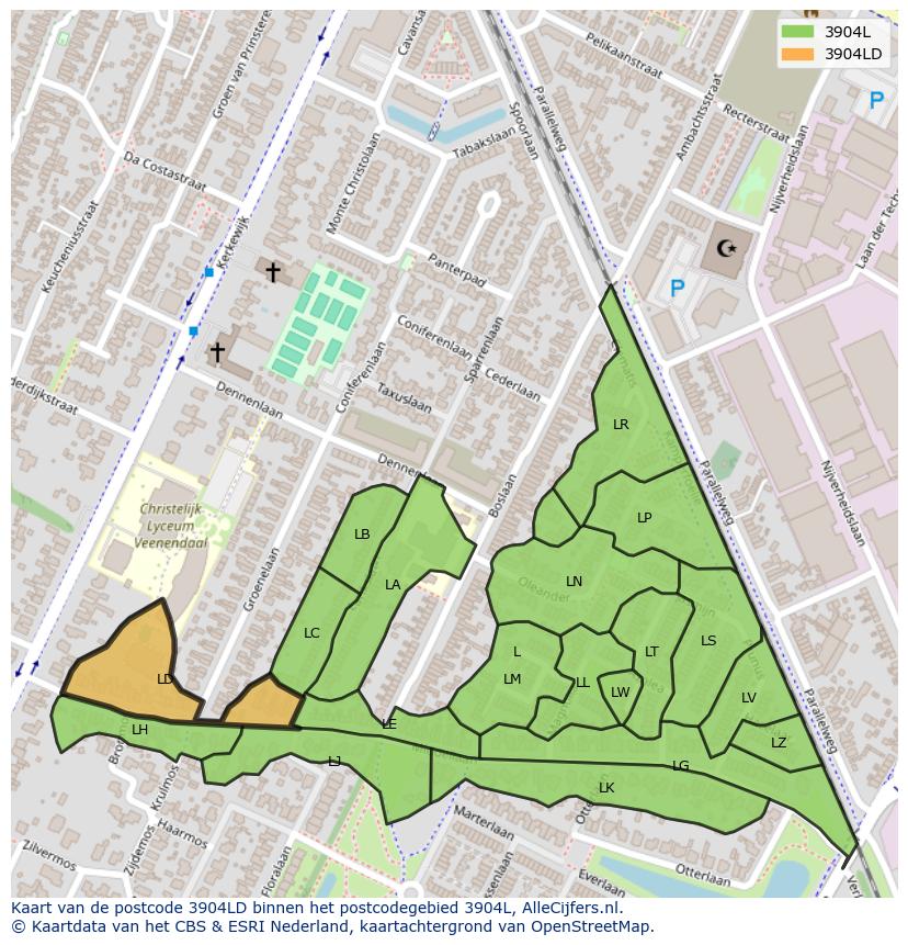 Afbeelding van het postcodegebied 3904 LD op de kaart.