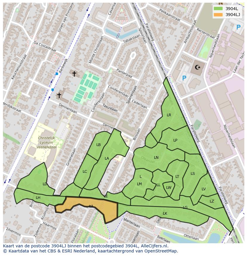 Afbeelding van het postcodegebied 3904 LJ op de kaart.