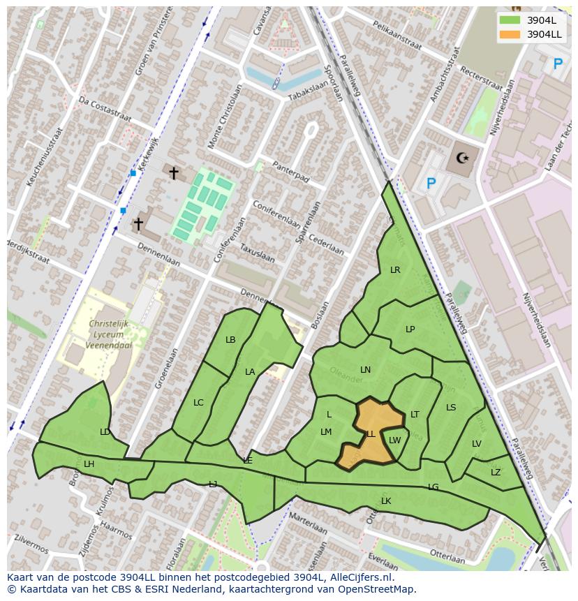Afbeelding van het postcodegebied 3904 LL op de kaart.
