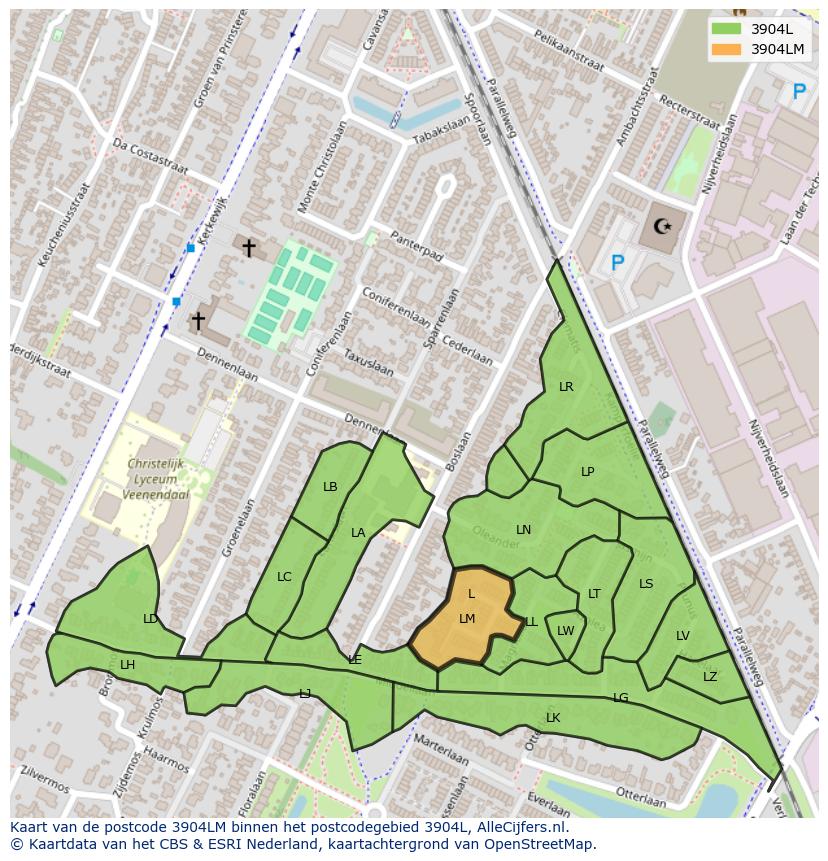 Afbeelding van het postcodegebied 3904 LM op de kaart.