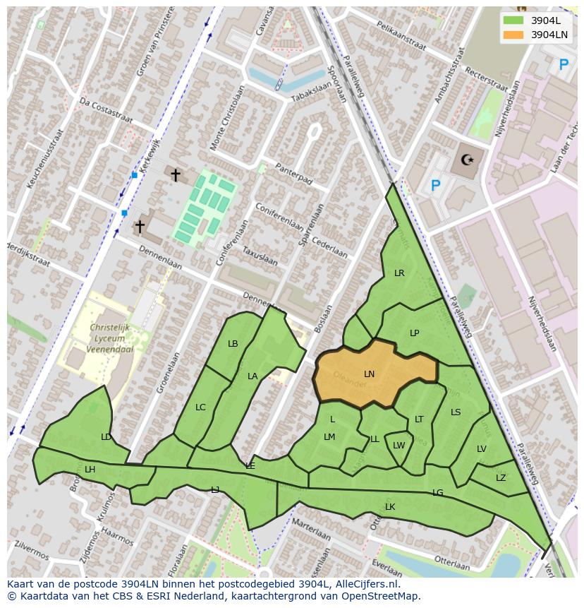 Afbeelding van het postcodegebied 3904 LN op de kaart.