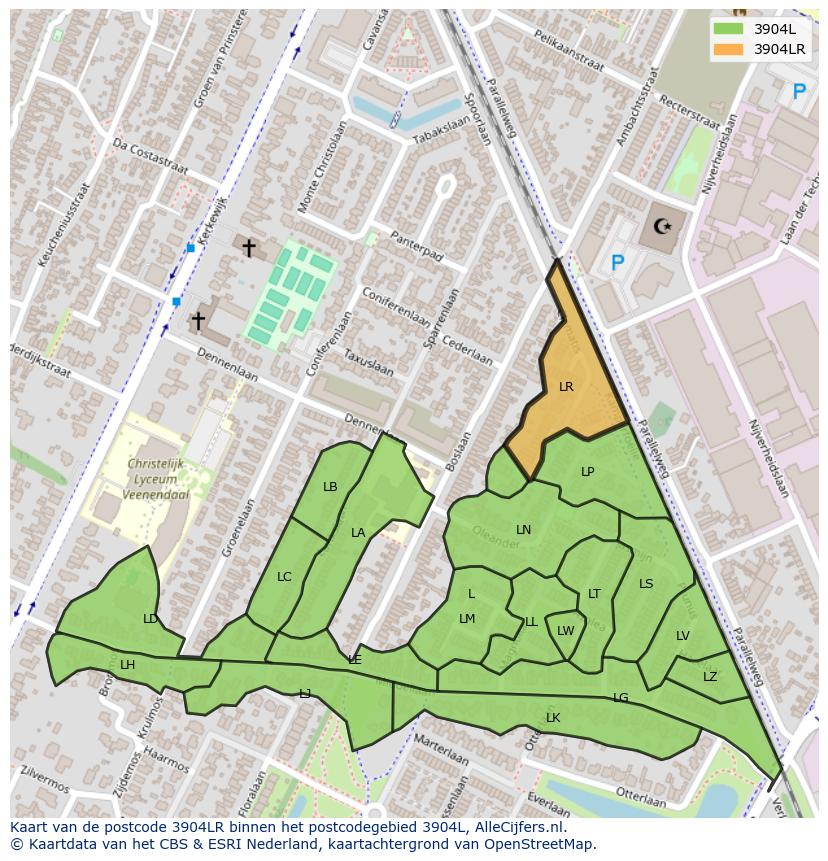 Afbeelding van het postcodegebied 3904 LR op de kaart.