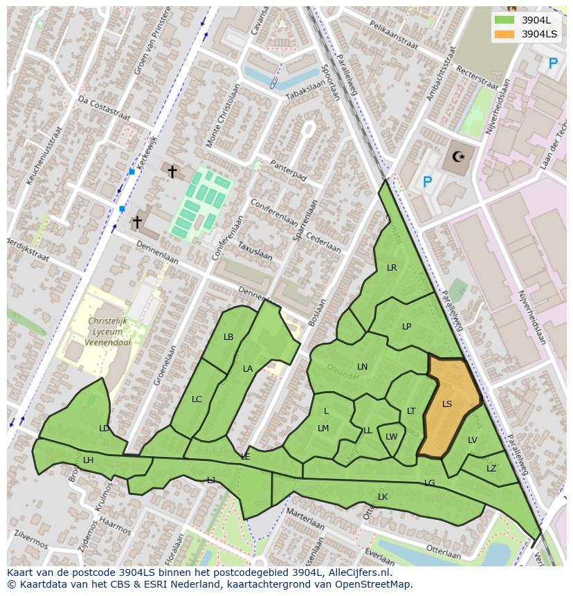 Afbeelding van het postcodegebied 3904 LS op de kaart.
