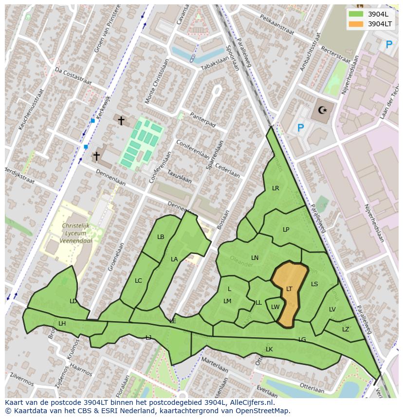 Afbeelding van het postcodegebied 3904 LT op de kaart.