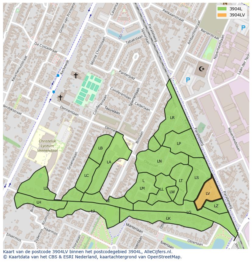 Afbeelding van het postcodegebied 3904 LV op de kaart.