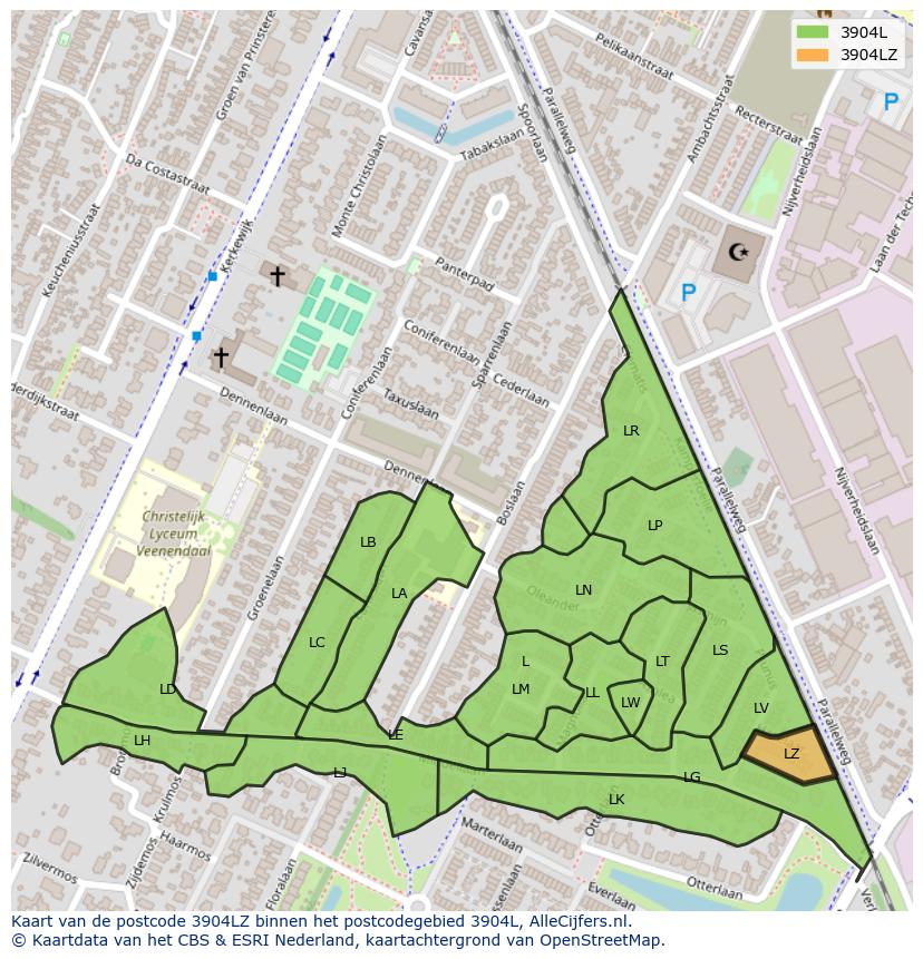 Afbeelding van het postcodegebied 3904 LZ op de kaart.