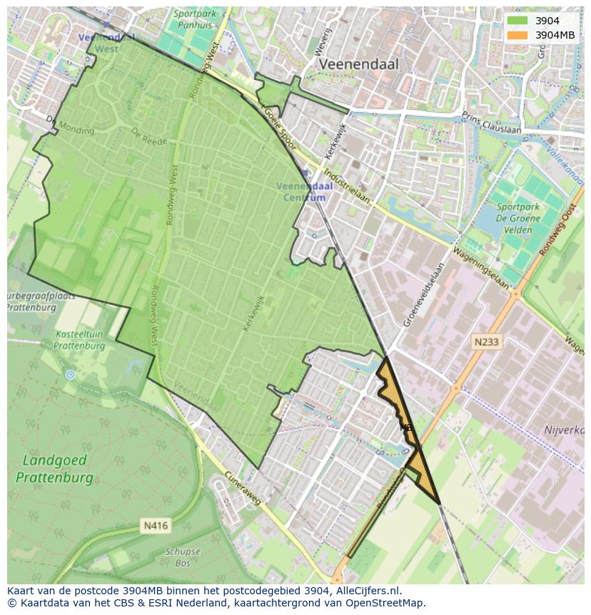 Afbeelding van het postcodegebied 3904 MB op de kaart.