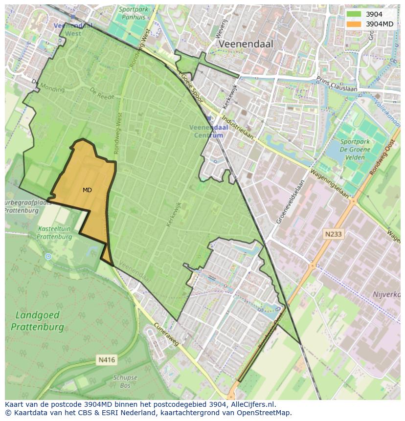 Afbeelding van het postcodegebied 3904 MD op de kaart.