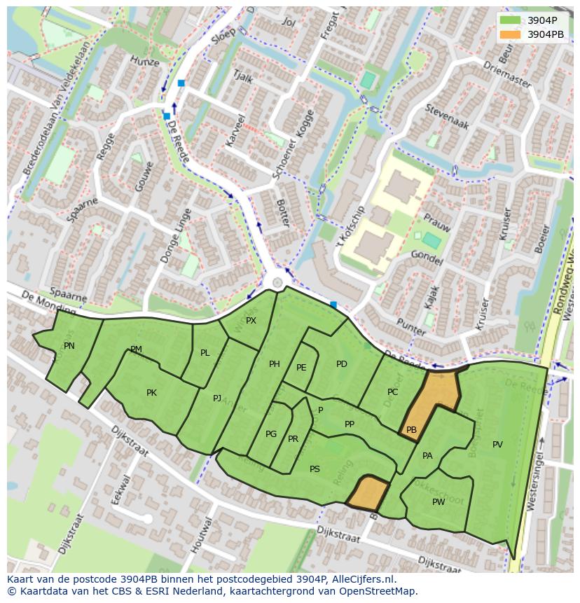 Afbeelding van het postcodegebied 3904 PB op de kaart.