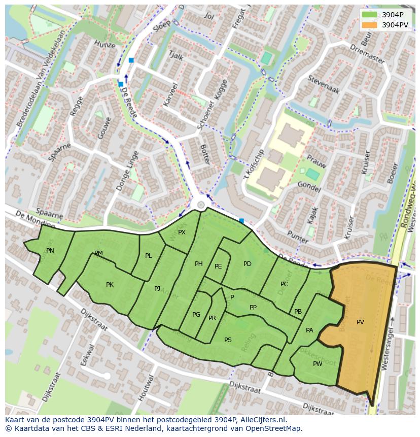 Afbeelding van het postcodegebied 3904 PV op de kaart.
