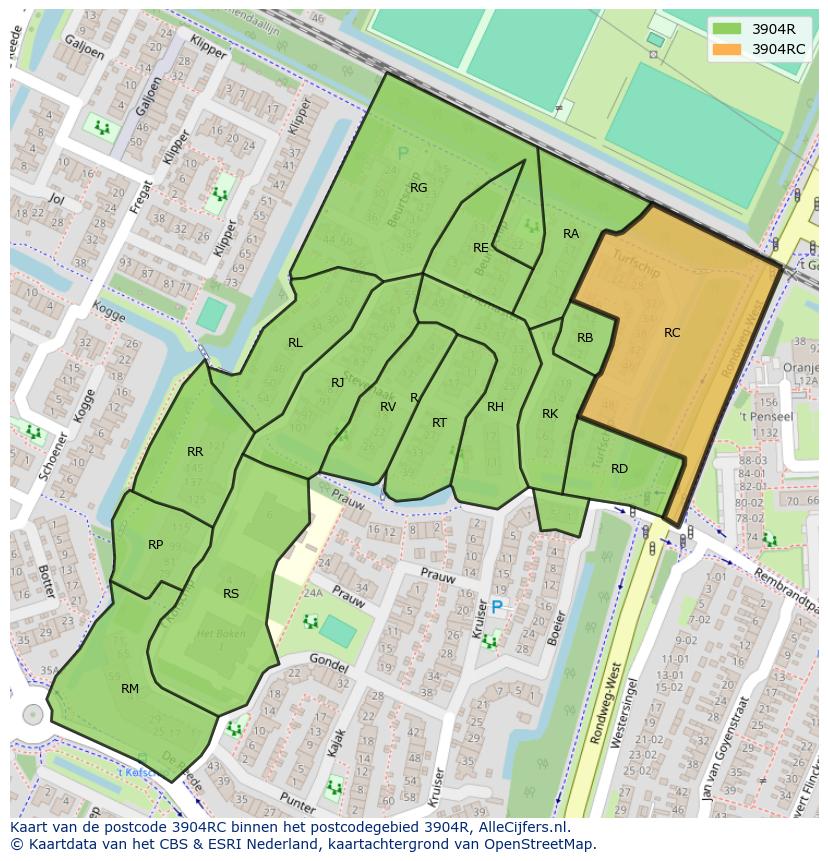 Afbeelding van het postcodegebied 3904 RC op de kaart.