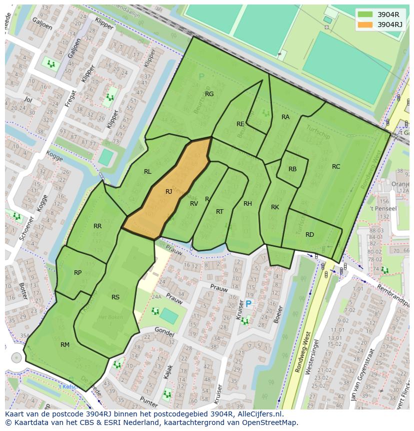 Afbeelding van het postcodegebied 3904 RJ op de kaart.