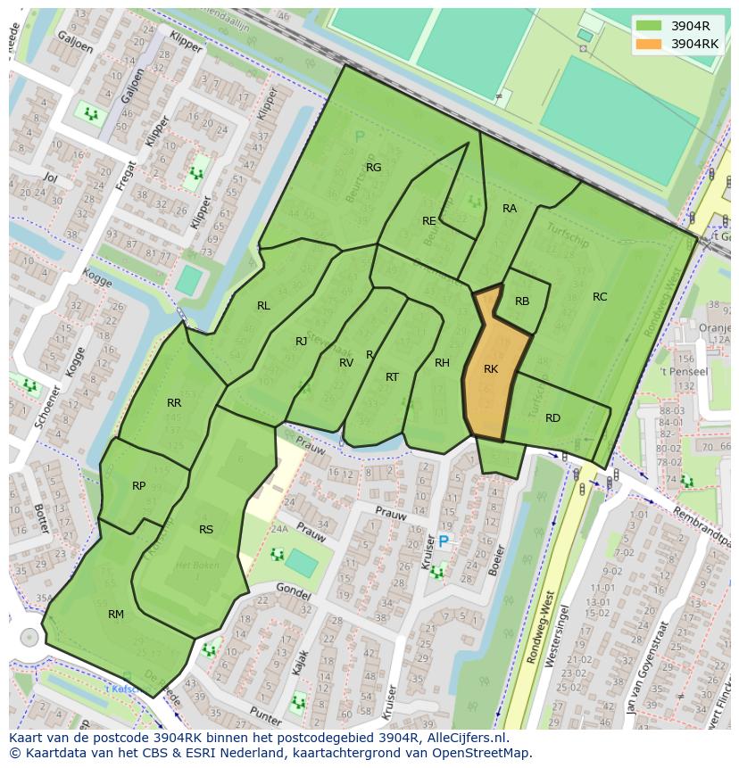 Afbeelding van het postcodegebied 3904 RK op de kaart.
