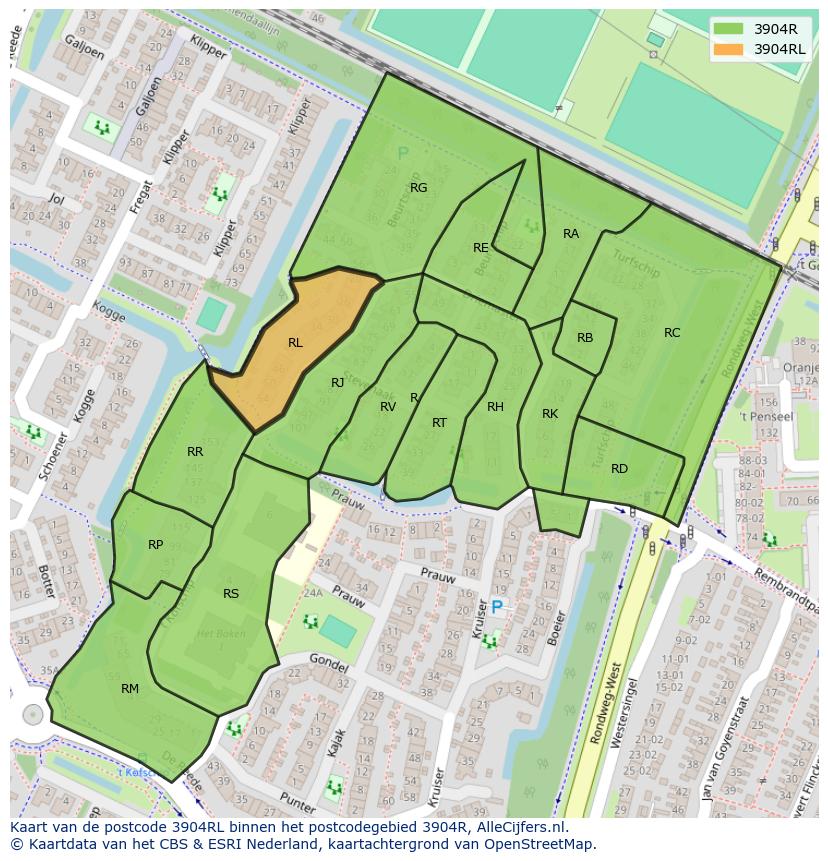 Afbeelding van het postcodegebied 3904 RL op de kaart.