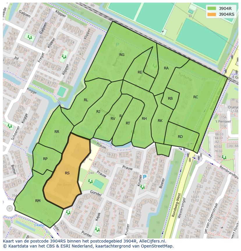 Afbeelding van het postcodegebied 3904 RS op de kaart.