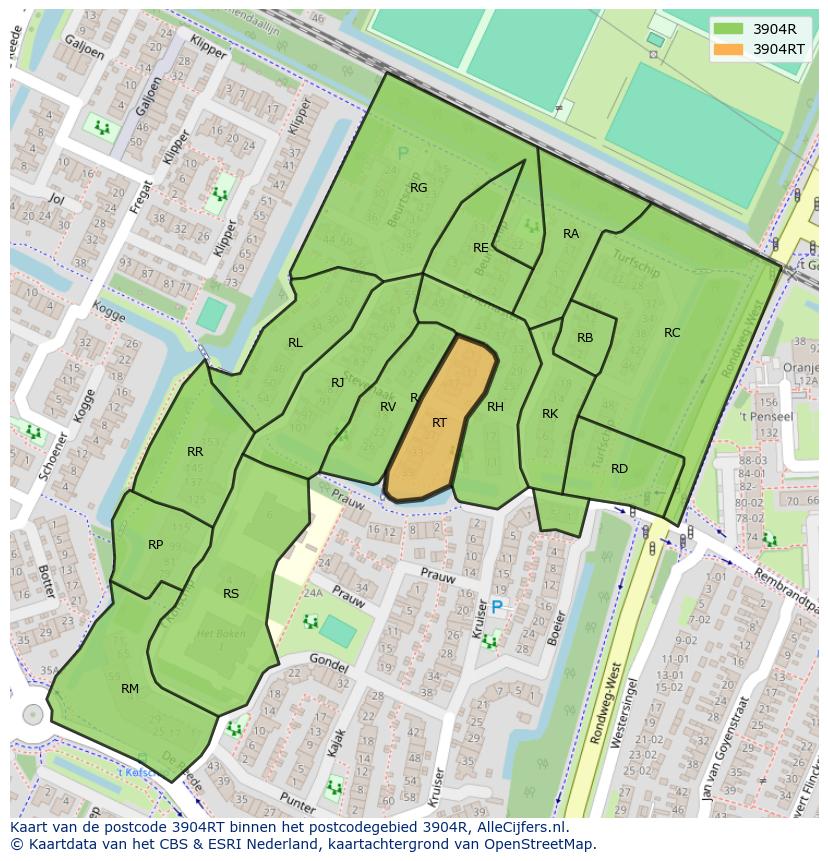 Afbeelding van het postcodegebied 3904 RT op de kaart.