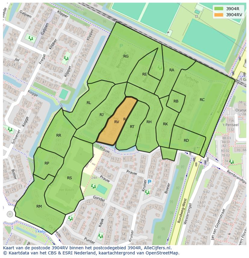 Afbeelding van het postcodegebied 3904 RV op de kaart.