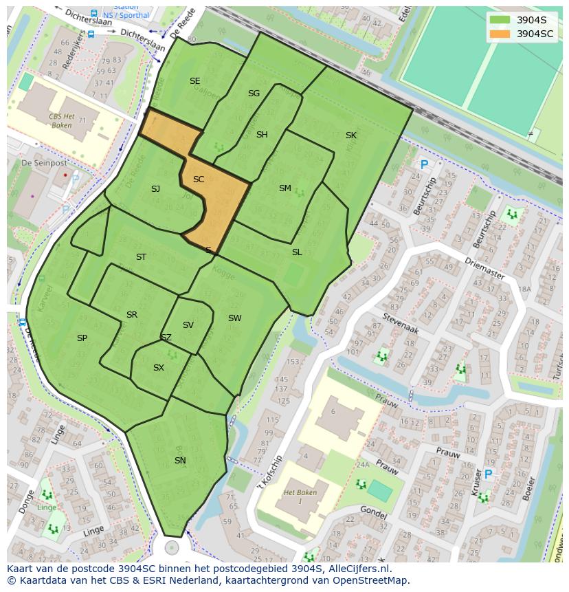 Afbeelding van het postcodegebied 3904 SC op de kaart.