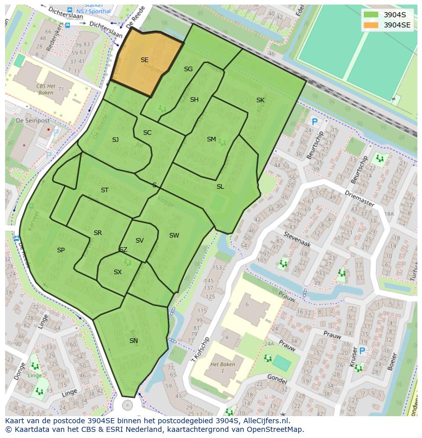 Afbeelding van het postcodegebied 3904 SE op de kaart.