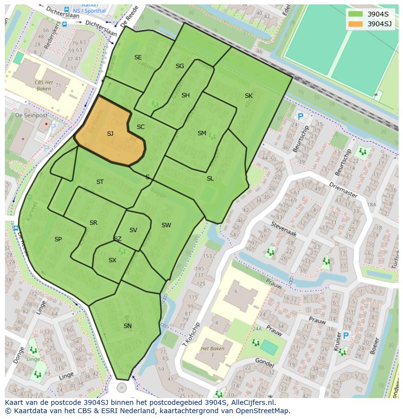 Afbeelding van het postcodegebied 3904 SJ op de kaart.