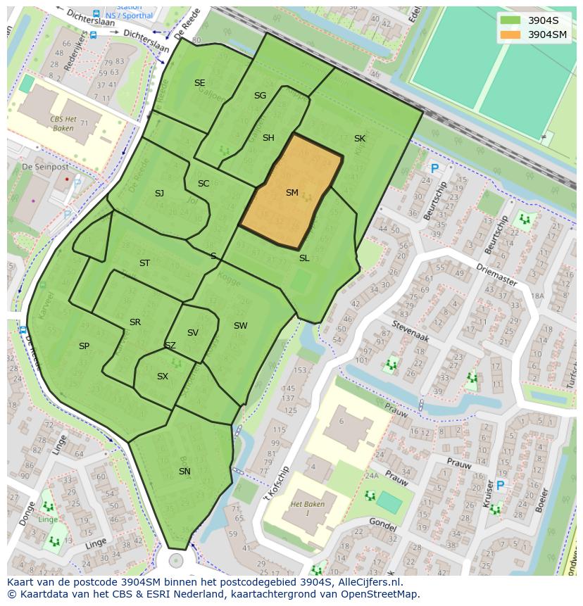 Afbeelding van het postcodegebied 3904 SM op de kaart.