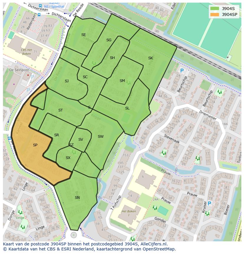 Afbeelding van het postcodegebied 3904 SP op de kaart.