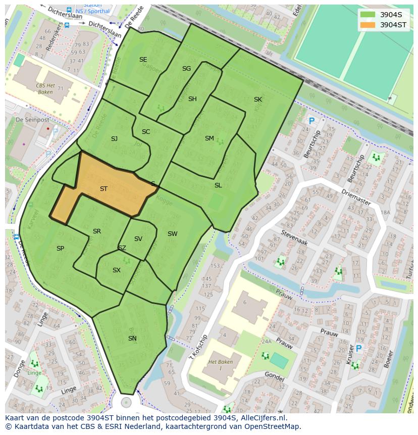 Afbeelding van het postcodegebied 3904 ST op de kaart.