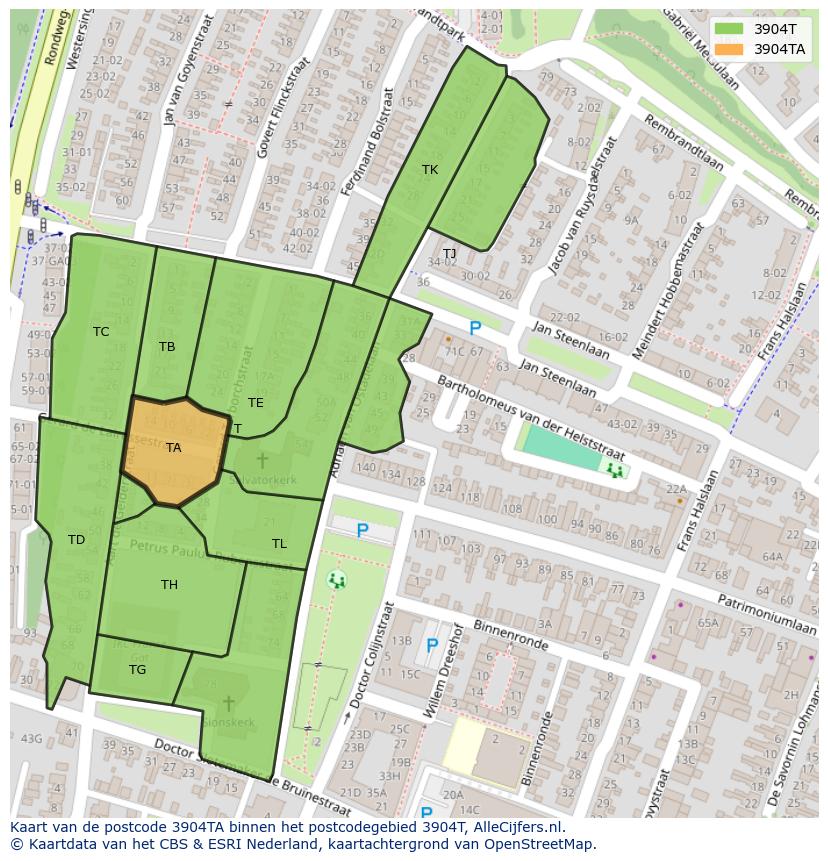 Afbeelding van het postcodegebied 3904 TA op de kaart.