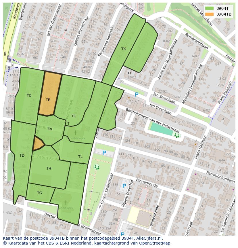 Afbeelding van het postcodegebied 3904 TB op de kaart.