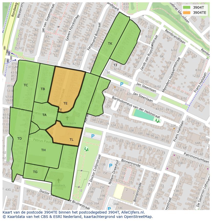 Afbeelding van het postcodegebied 3904 TE op de kaart.