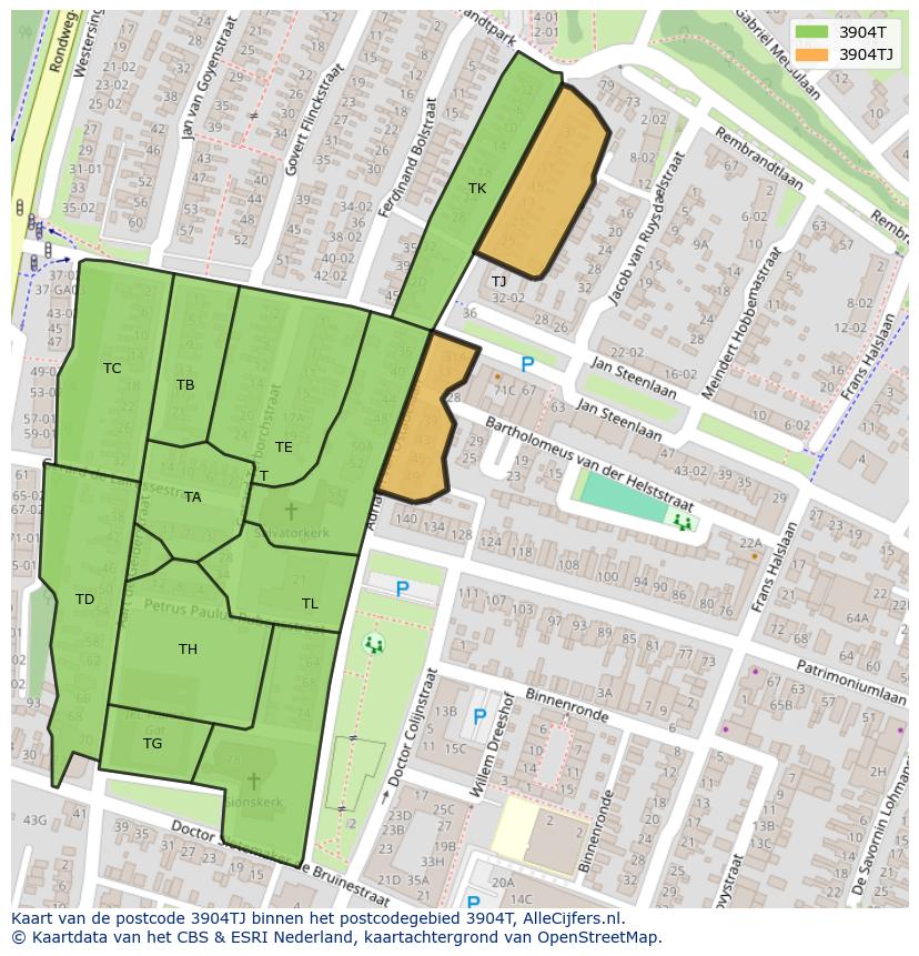 Afbeelding van het postcodegebied 3904 TJ op de kaart.