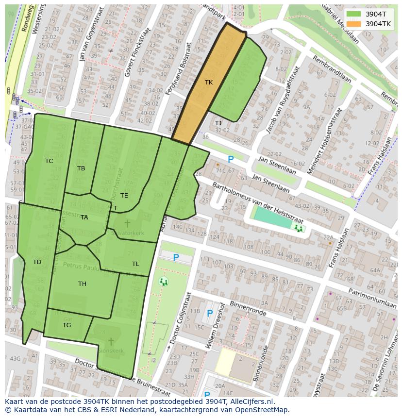 Afbeelding van het postcodegebied 3904 TK op de kaart.