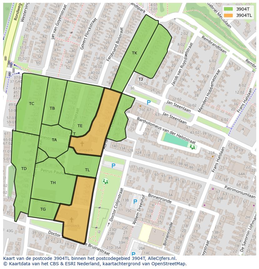 Afbeelding van het postcodegebied 3904 TL op de kaart.