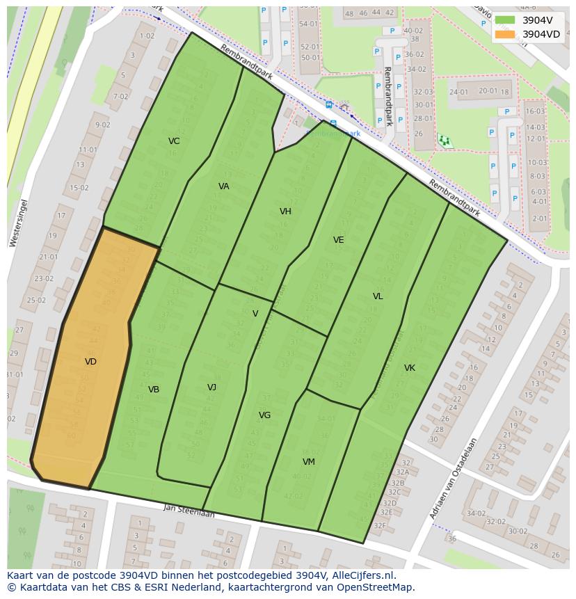 Afbeelding van het postcodegebied 3904 VD op de kaart.