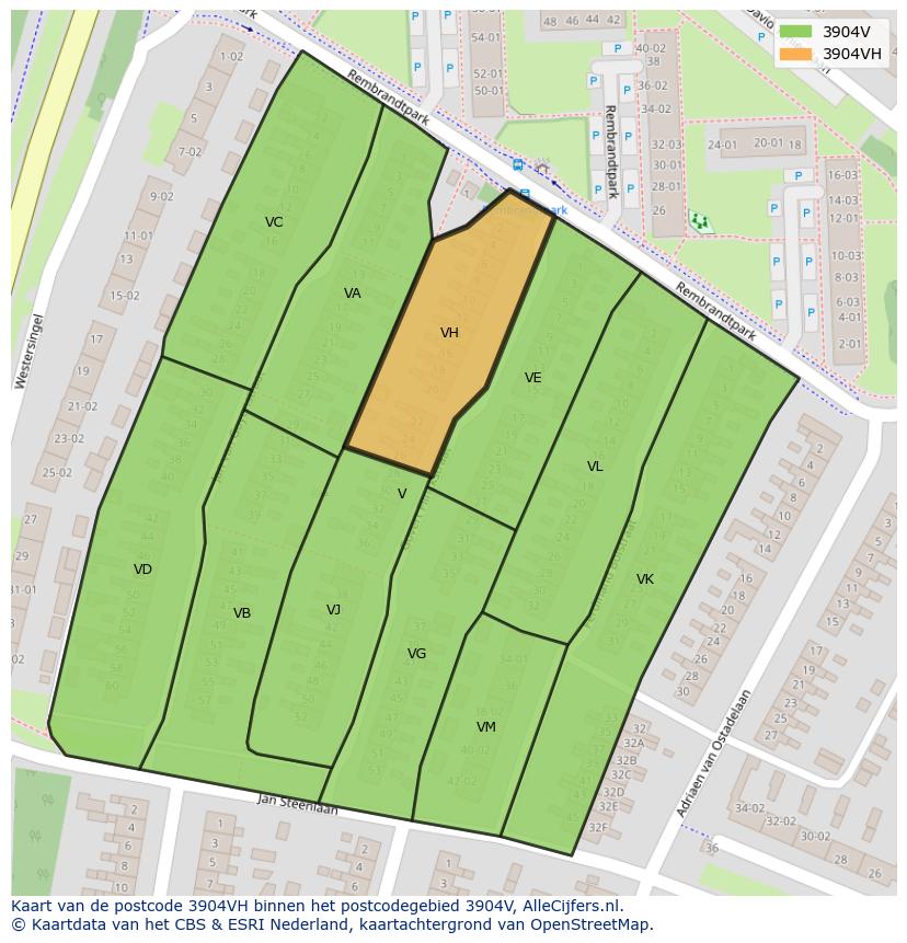 Afbeelding van het postcodegebied 3904 VH op de kaart.