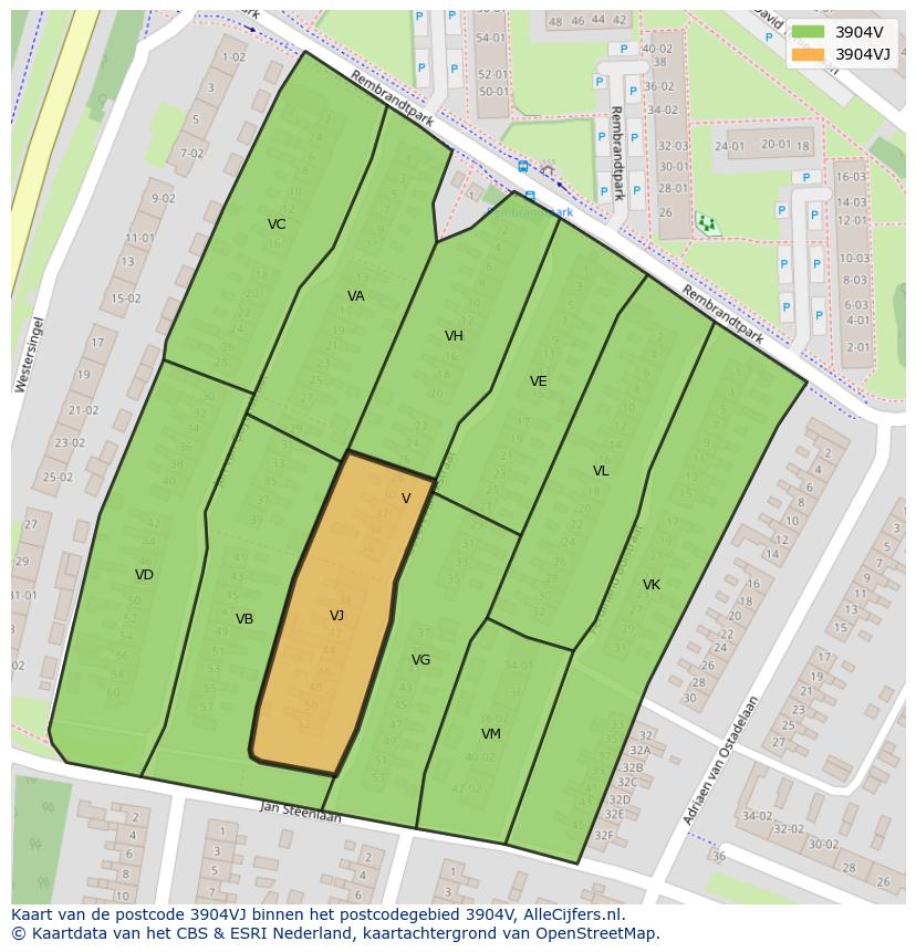 Afbeelding van het postcodegebied 3904 VJ op de kaart.