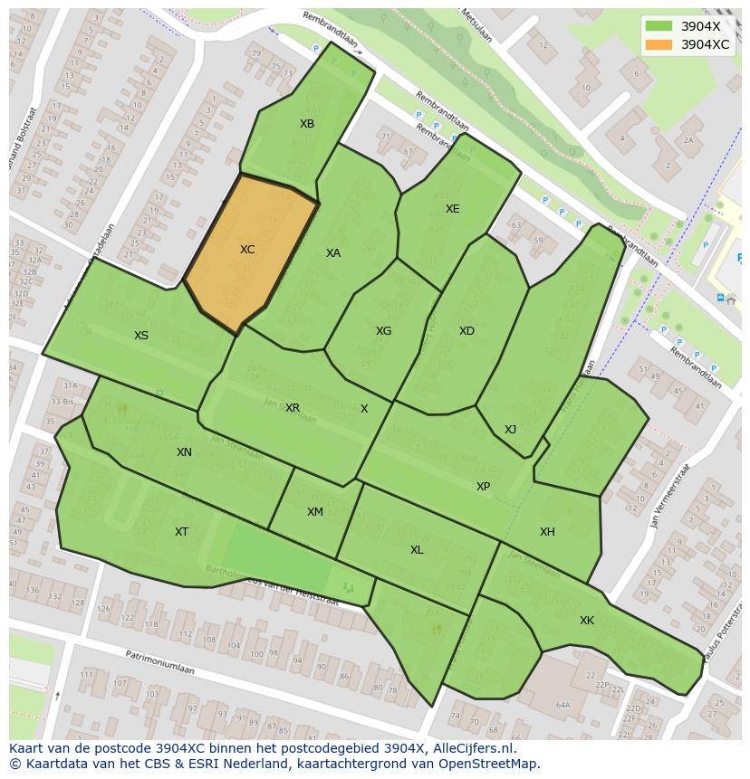 Afbeelding van het postcodegebied 3904 XC op de kaart.
