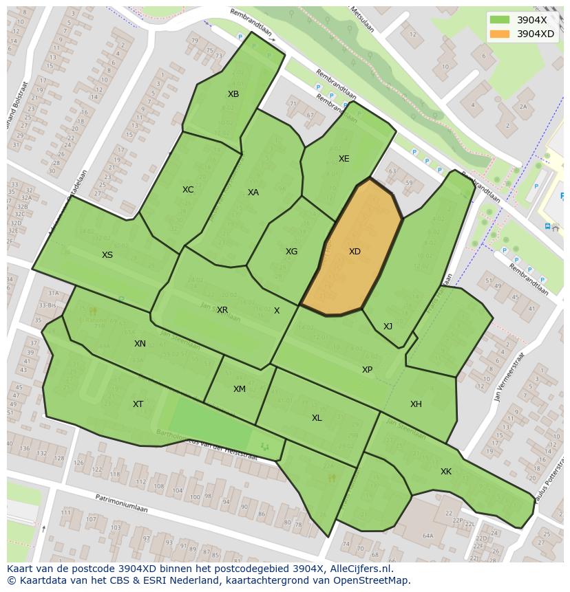 Afbeelding van het postcodegebied 3904 XD op de kaart.