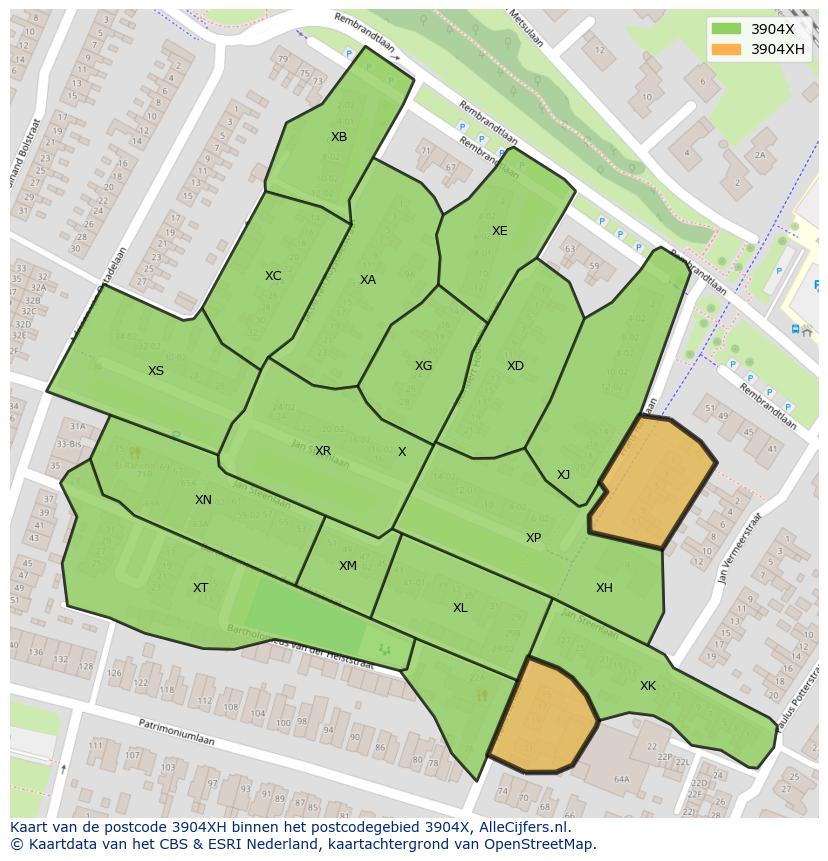 Afbeelding van het postcodegebied 3904 XH op de kaart.