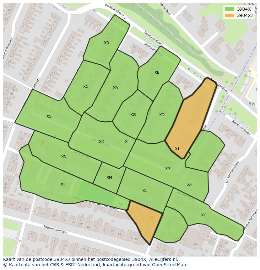 Afbeelding van het postcodegebied 3904 XJ op de kaart.