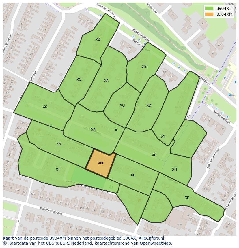 Afbeelding van het postcodegebied 3904 XM op de kaart.