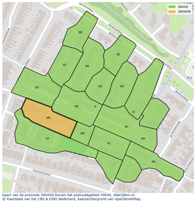 Afbeelding van het postcodegebied 3904 XN op de kaart.