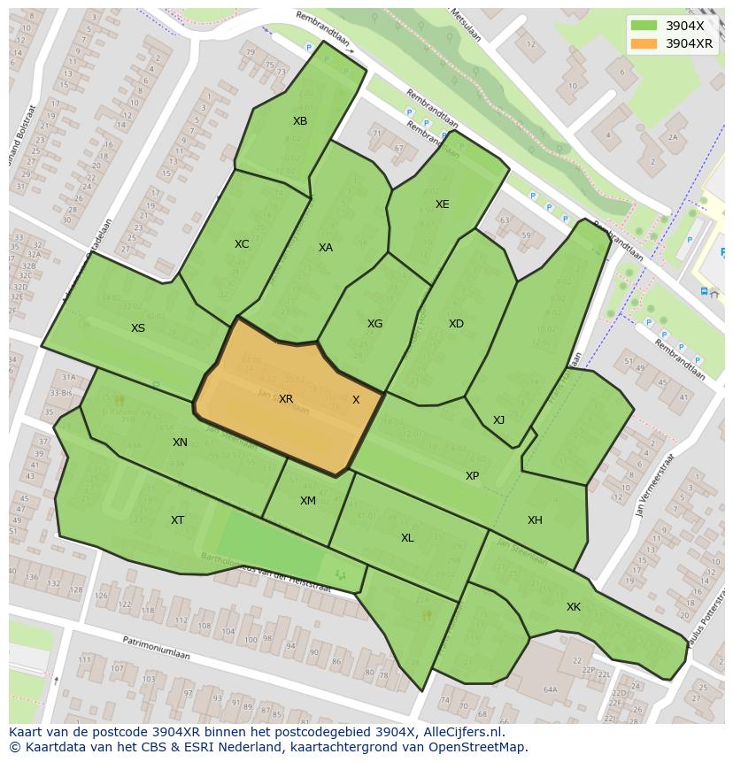 Afbeelding van het postcodegebied 3904 XR op de kaart.
