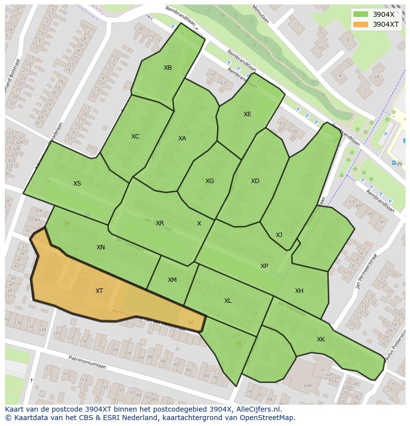 Afbeelding van het postcodegebied 3904 XT op de kaart.