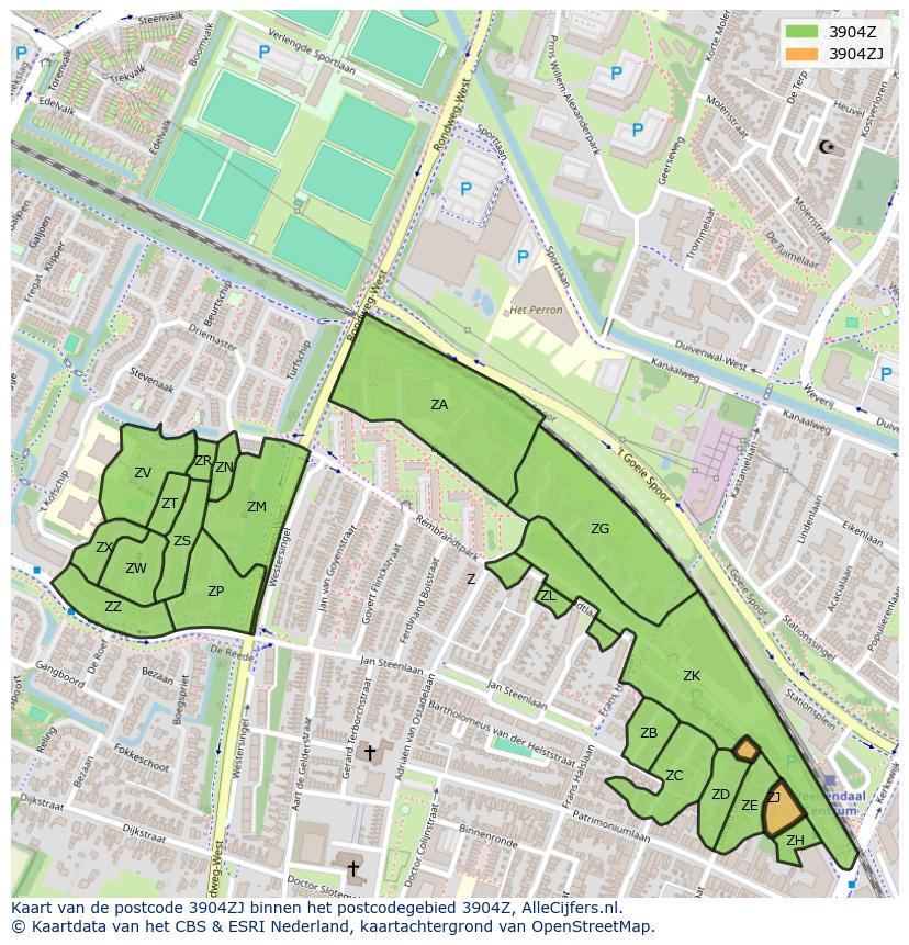 Afbeelding van het postcodegebied 3904 ZJ op de kaart.
