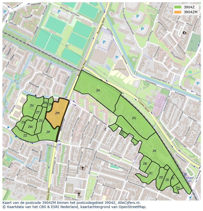 Afbeelding van het postcodegebied 3904 ZM op de kaart.