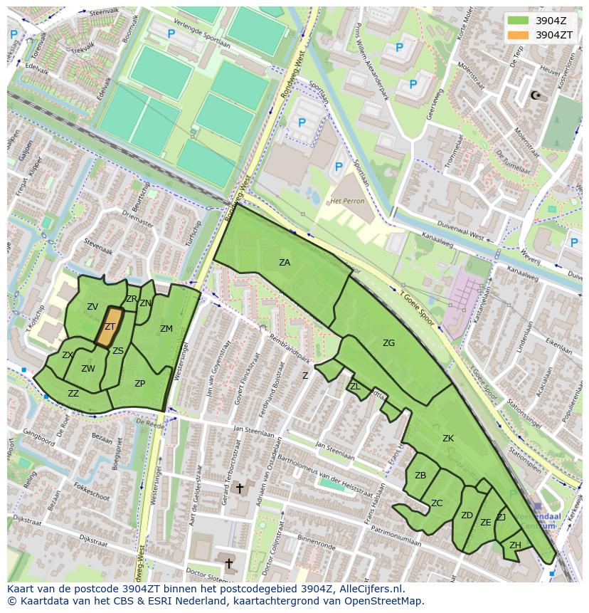 Afbeelding van het postcodegebied 3904 ZT op de kaart.