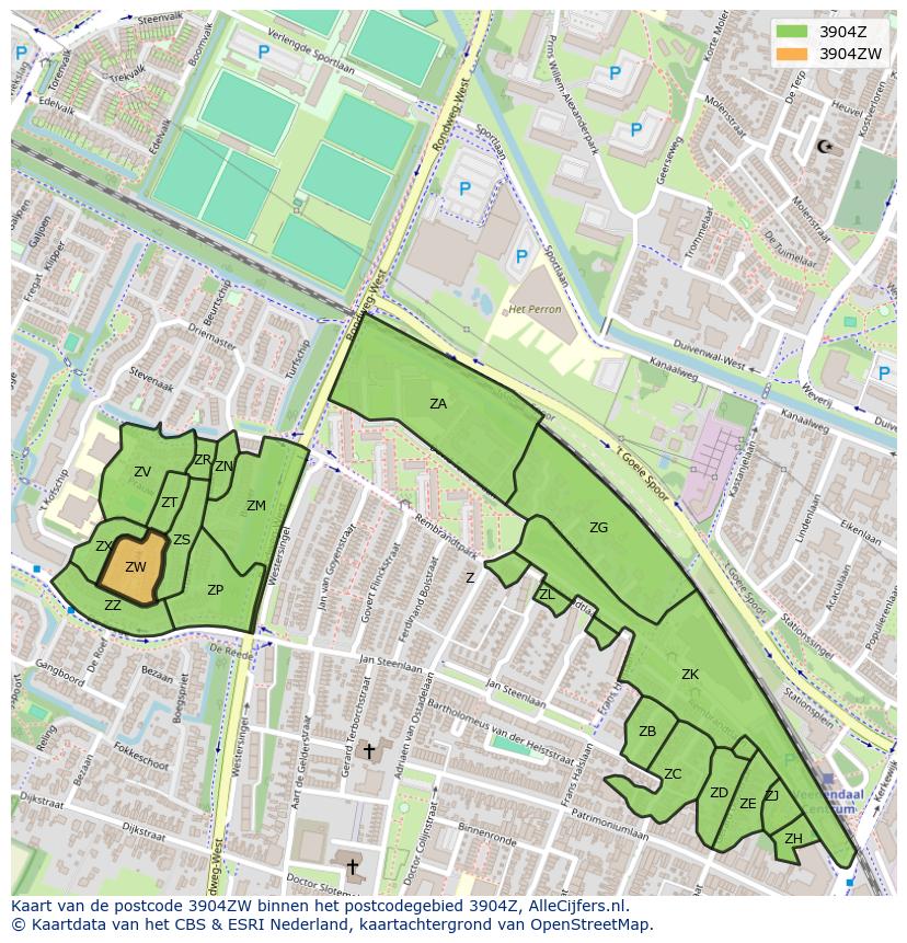 Afbeelding van het postcodegebied 3904 ZW op de kaart.